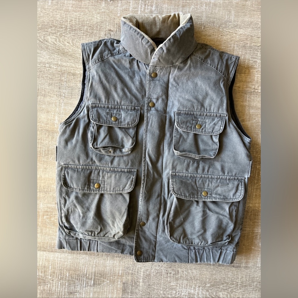 Eddie Bauer Men’s Goose Down Puffer Cargo Safari Vest M Outdoor Heavy Canvas - Picture 10 of 16